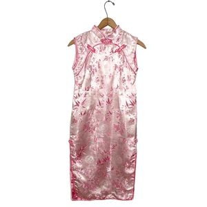 Chinese Satin Sleeveless Cheongsam Pink Floral Mandarin Dress